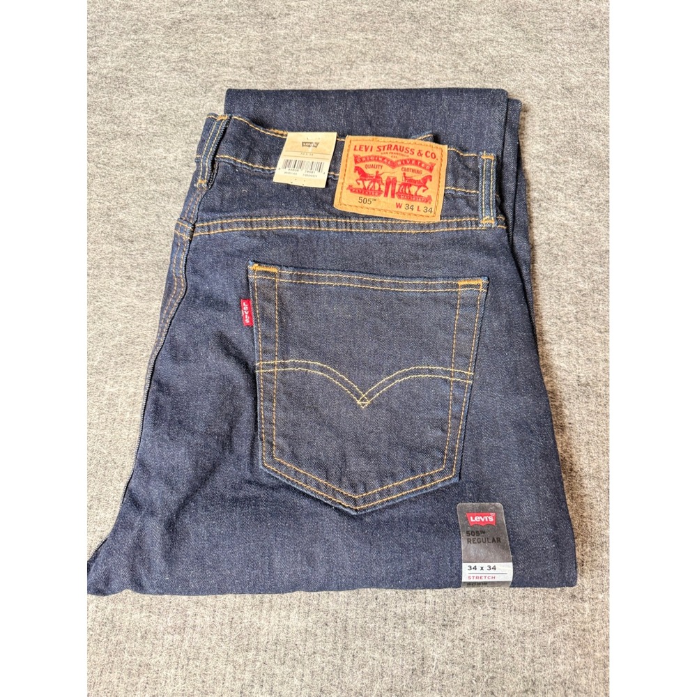 Levis 505 Regular Fit Stretch Jeans Mens 34x34 Dark Indigo Blue 00505-1534